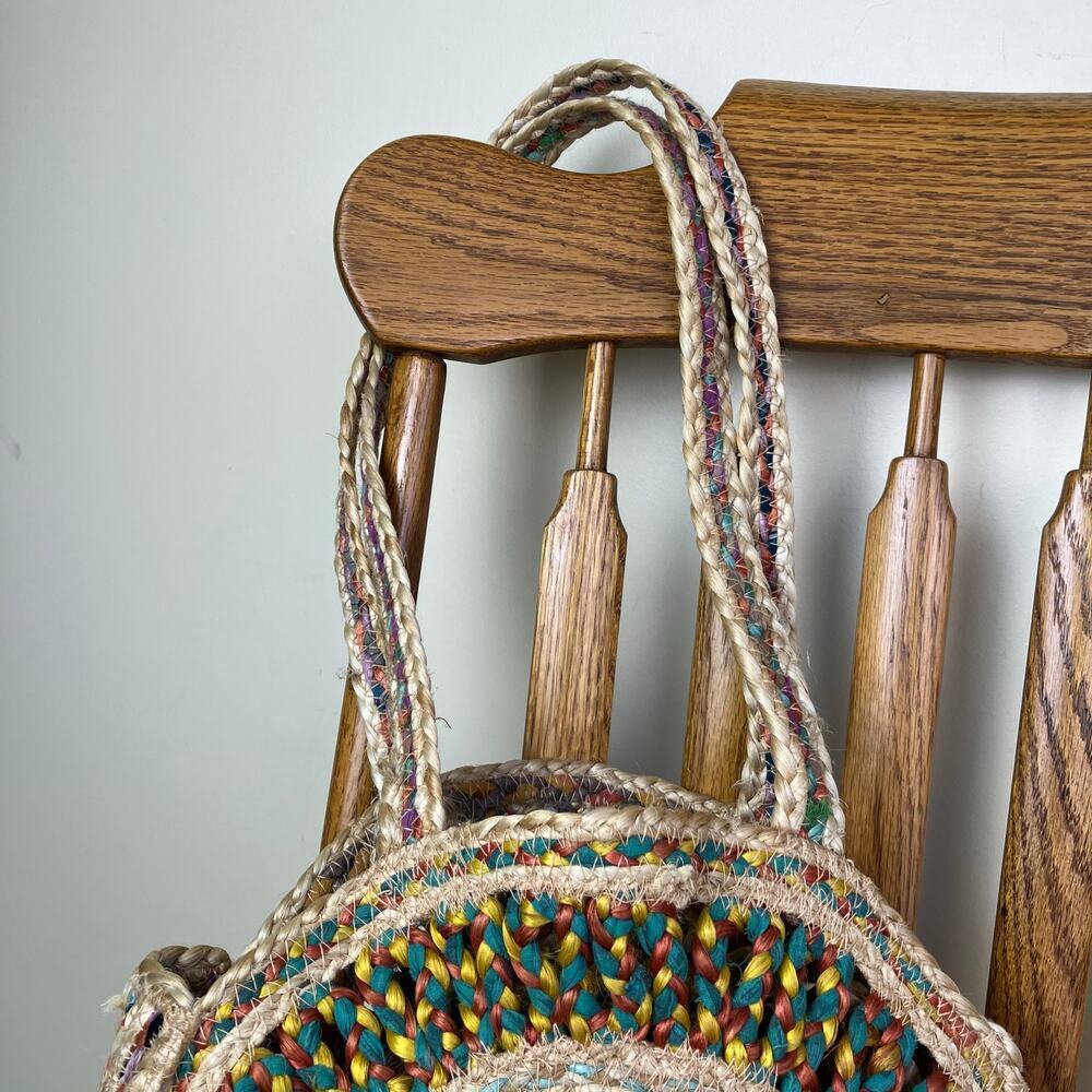 Boho Colorful Recycled Woven Jute Bag Circle Shaped Shoulder Tote Beach Bag - Picture 3 of 16